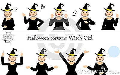 ãƒãƒ­ã‚¦ã‚£ãƒ³ã®ä»®è£…ã€é­”å¥³å§¿ã®å¥³ã®å­ã®ãƒãƒ¼ã‚ºã‚»ãƒƒãƒˆï½žè©±ã™ãƒ»æ‚©ã‚€ãƒ»æŒ‡ã•ã—ãƒ»ä»–ï½ž Stock Photo
